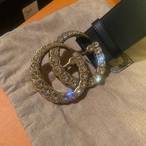 Gucci Black Leather Belt with Gold Crystal Double G Buckle